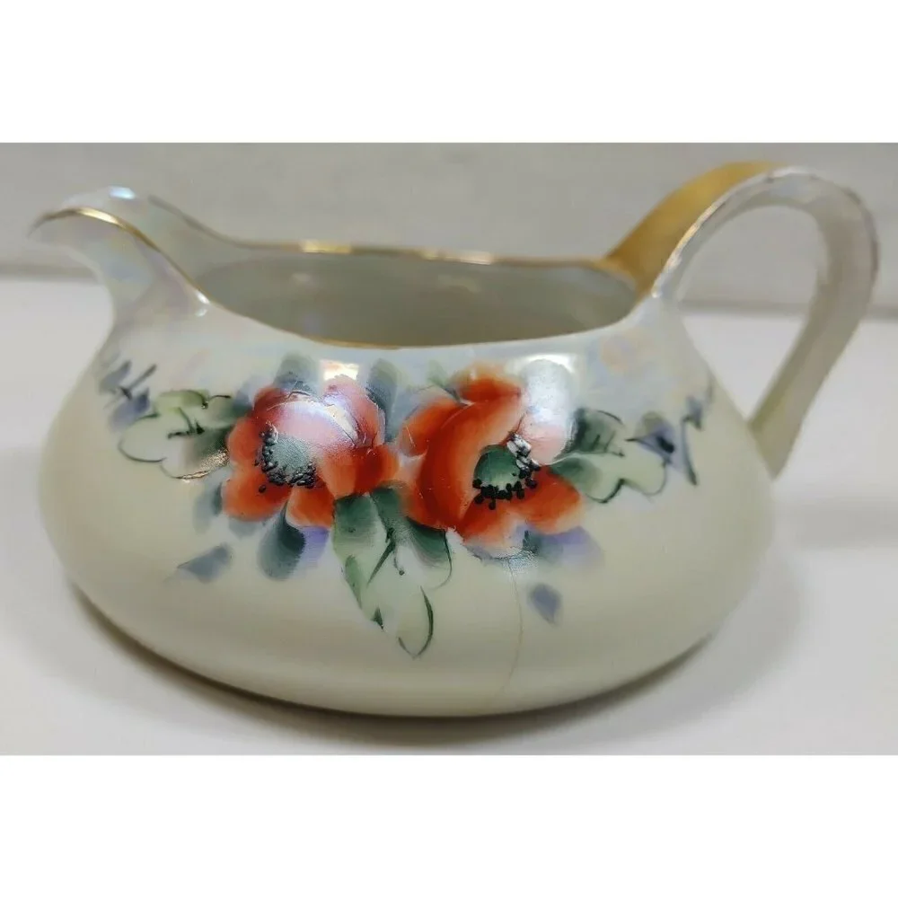 Vintage TK Thun Orange Flowers Porcelain Gold Rim Czechoslovakia Creamer